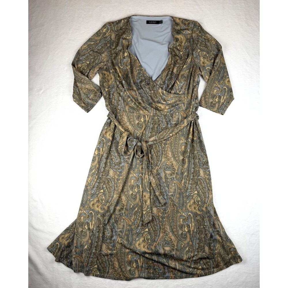 Lauren Ralph Lauren Dress Womens 16W Paisley Wrap Tie Waist Stretch Midi